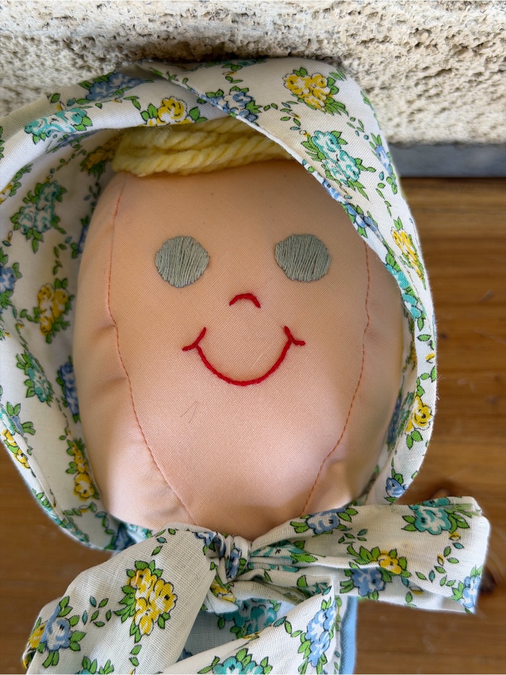Plush Rag Doll with Floral Bonnet - White/Blue/Yellow